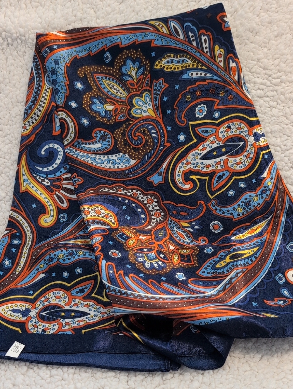 Navy Paisley Satin Scarf with Orange & Light Blue Accents